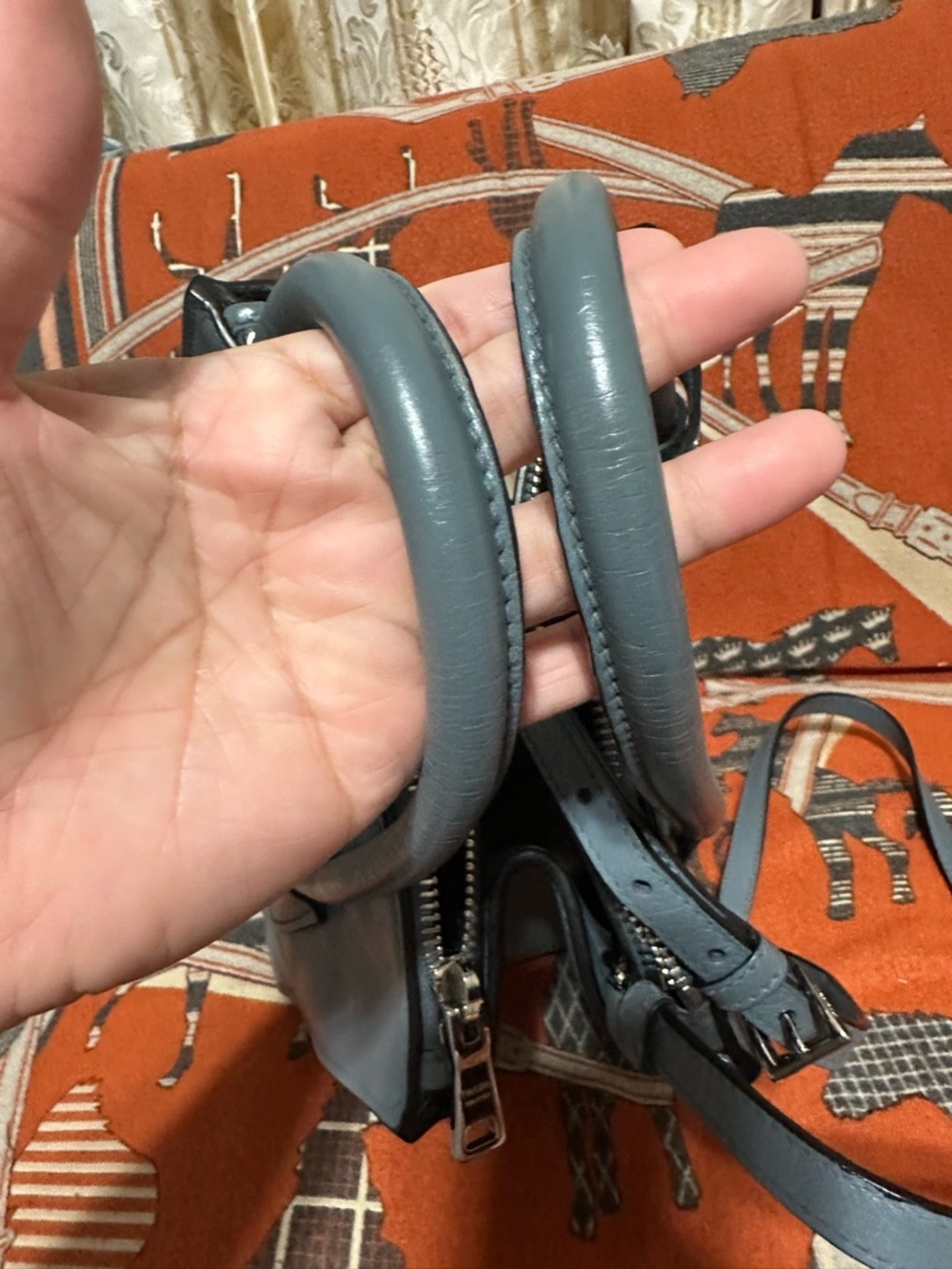 PRADA ❤️🌟 BLUE-GRAY LEATHER TOP-HANDLE SARCHEL W/ DETACHABLE LONG STRAP⭐️ - Picture 5 of 11